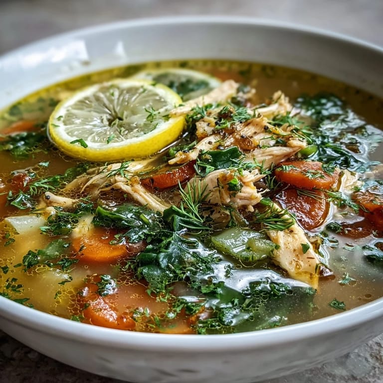 In a rustic kitchen setting, golden High Protein Lemon and Turmeric Chicken Soup simmers with tender chicken and baby kale.