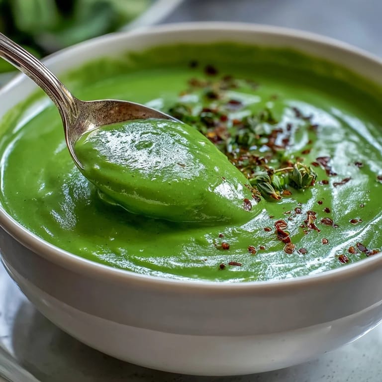 A bowl of Big Green Immunity-Boosting Vegetable Soup garnished with spinach and a lemon wedge.