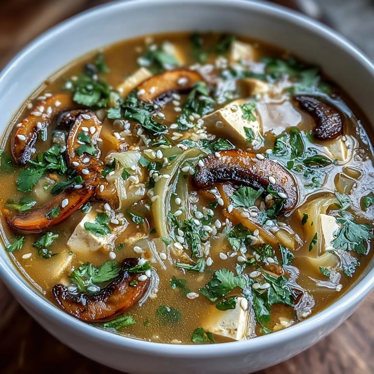 A close-up of Ginger-Miso Winter Soup with tender shiitake mushrooms and julienned carrots in a golden broth. 