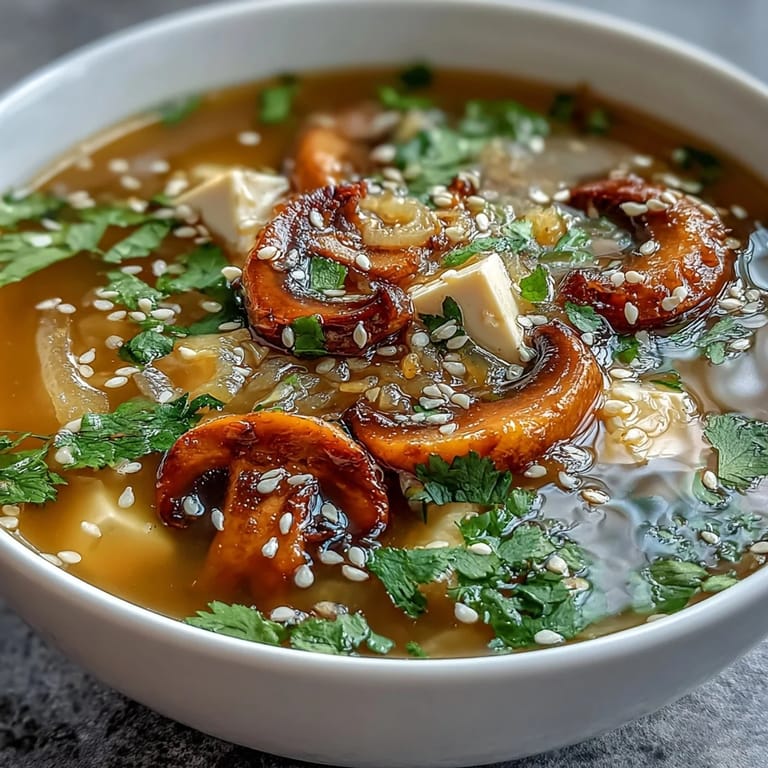 Serving of Ginger-Miso Winter Soup with silken tofu and toasted sesame seeds, ready to enjoy with chopsticks.