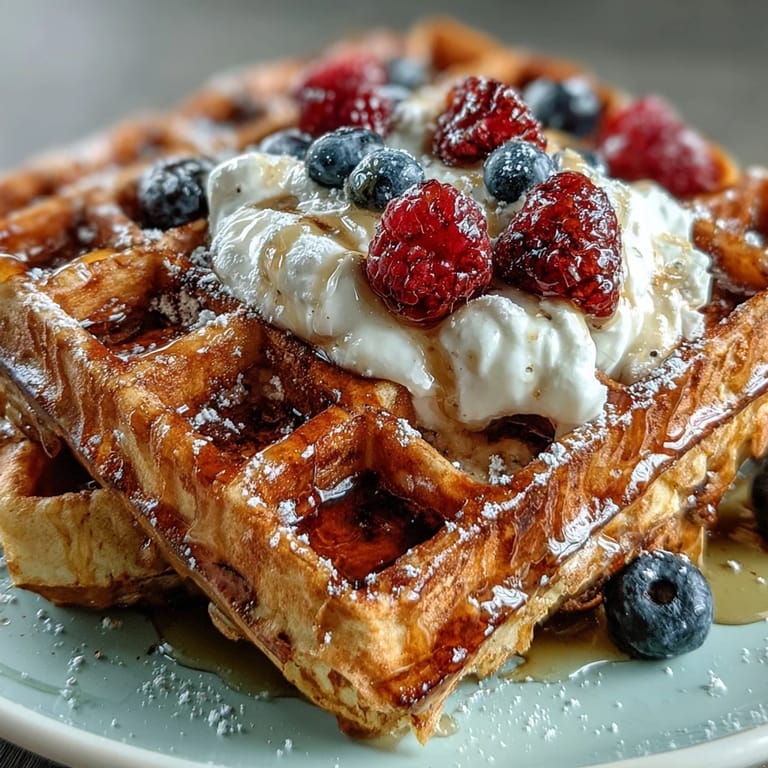 Stack of two golden Anti-Inflammatory Adaptogenic Turmeric Waffles, with steam rising and a dollop of creamy Greek yogurt and nuts.  