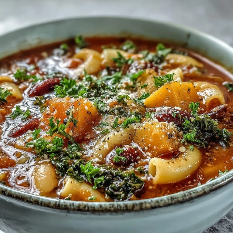 Serve Winter Minestrone Soup With Butternut Squash and Kale in cozy bowls, garnished with fresh parsley and grated Parmesan, alongside crusty bread for dipping.