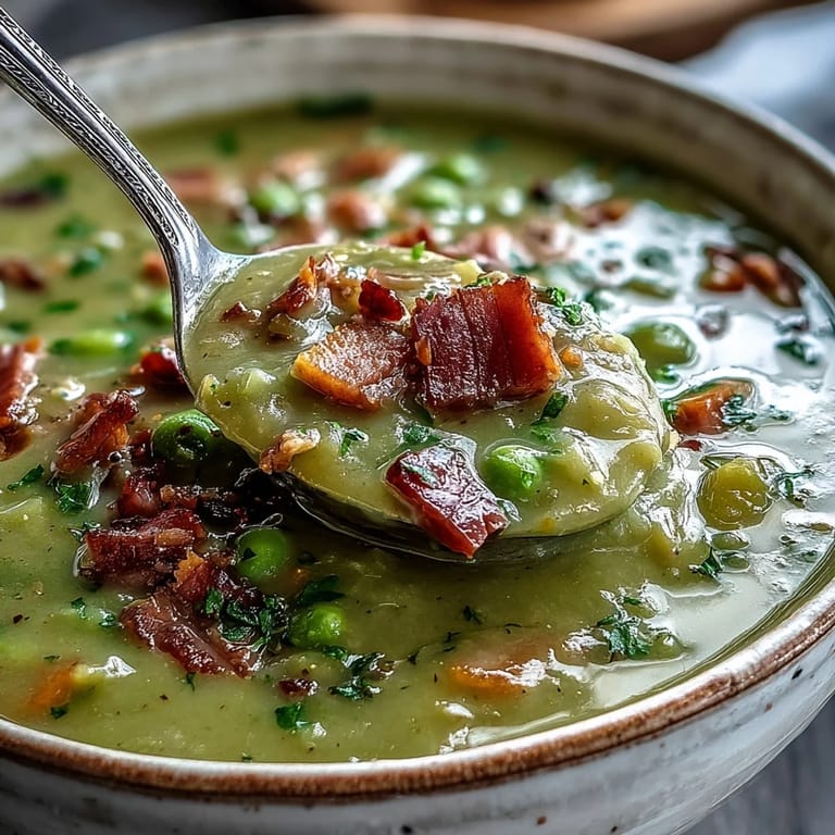 Homemade Split Pea and Ham Soup simmering in a pot, ready to warm up a chilly day.