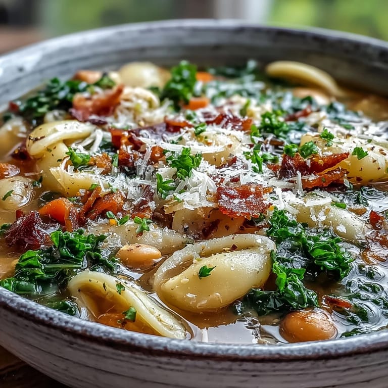 Steaming Fall Minestrone served in a rustic bowl, featuring kale, savory pancetta, and a sprinkle of Parmesan cheese.  