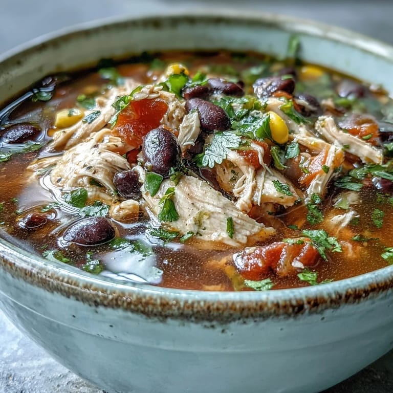 Bowl of hearty Southwestern Turkey Soup topped with fresh cilantro, diced avocado, and crumbled tortilla chips.