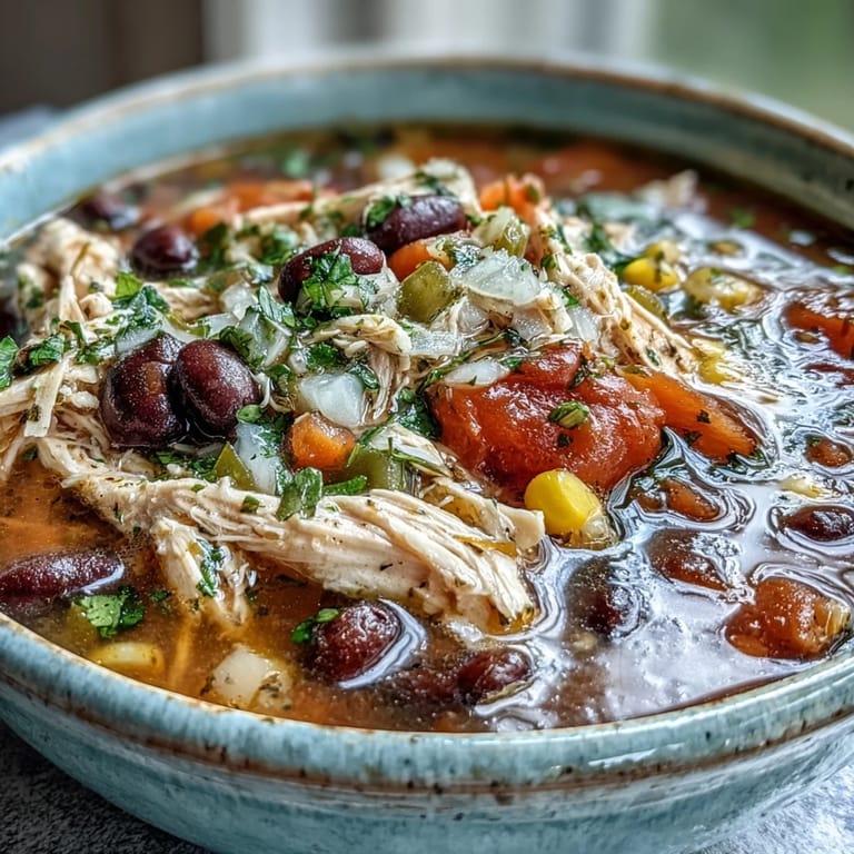 A ladle of rich Southwestern Turkey Soup with vibrant red broth, corn, and beans ready to serve.
