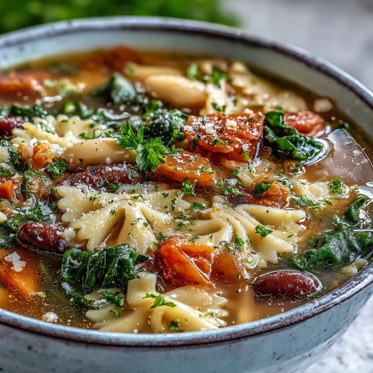 Close-up of Minestrone Soup showcasing tender carrots, zucchini, pasta, and beans in a savory herb-infused broth.