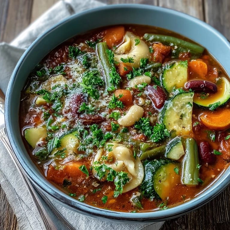 Colorful vegetarian Minestrone Soup with beans, pasta, and kale in a ladle.