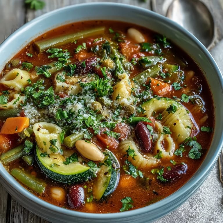 Hearty Minestrone Soup served with crusty bread and a glass of red wine.