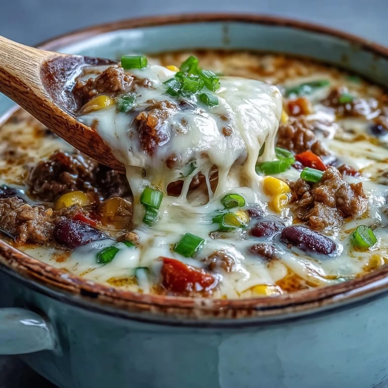 A spoon dips into creamy taco soup, revealing tender ground beef, sweet corn, and black beans in a rich, spicy broth.