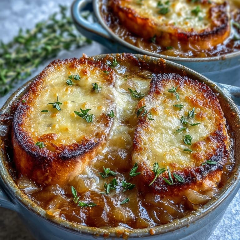Hearty Dutch oven French onion soup features crispy baguette slices and bubbly, melted Gruyère cheese under the broiler.