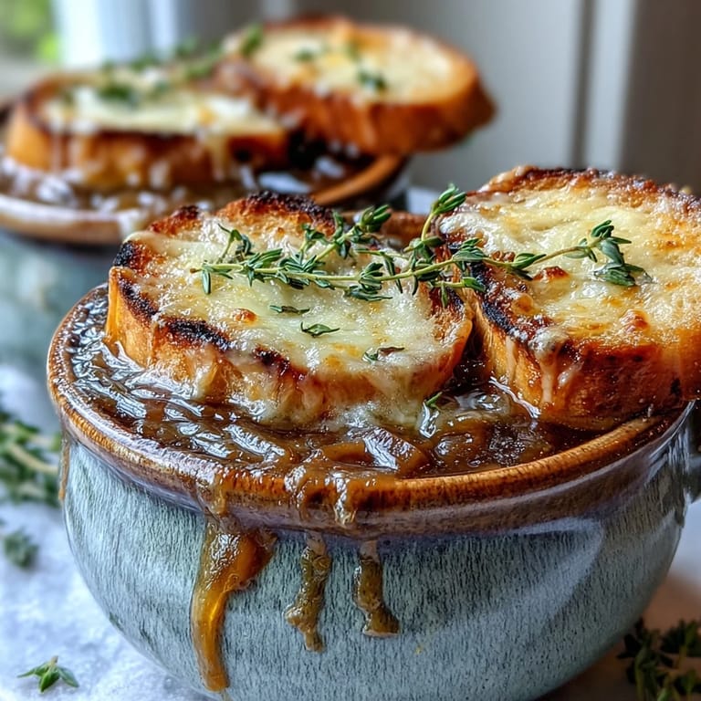 A comforting bowl of Dutch oven French onion soup, topped with toasted bread and rich, savory melted cheese.