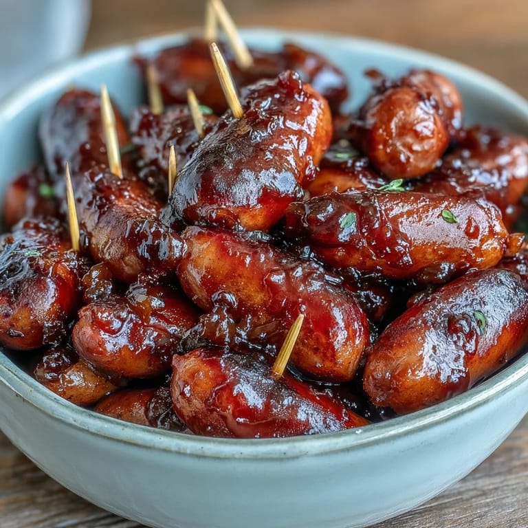Sweet apricot glaze coats smoked cocktail sausages in the slow cooker, perfect for an easy gluten-free appetizer.