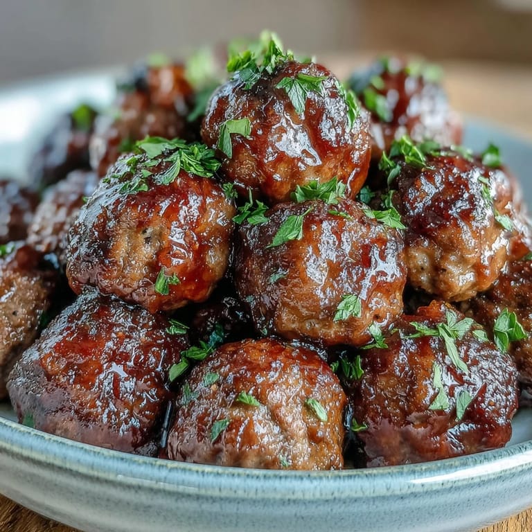 Slow Cooker Peach Glazed Meatballs are simmered in a rich, tangy sauce with visible specks of spices.