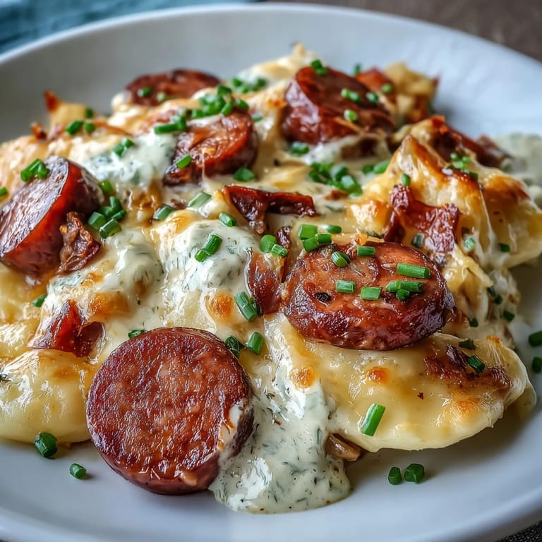 A hearty slow-cooked Crockpot Pierogi Casserole With Kielbasa served steaming hot, garnished with fresh chives and sour cream.