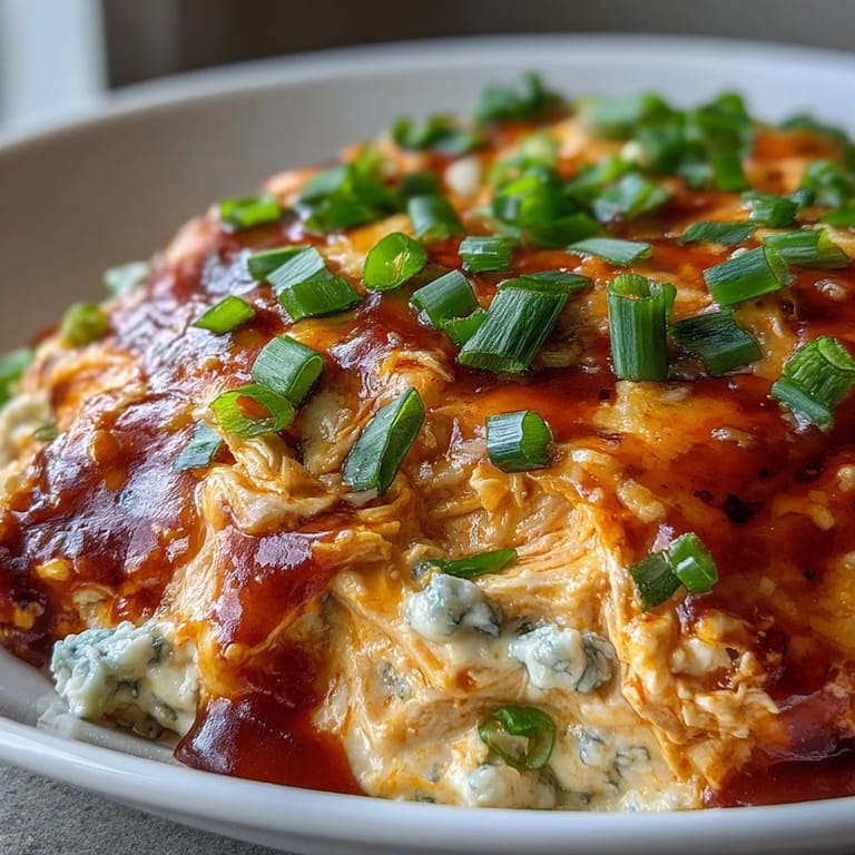 Freshly made Crock Pot Buffalo Chicken Dip garnished with scallions, served in a slow cooker for a game day spread.