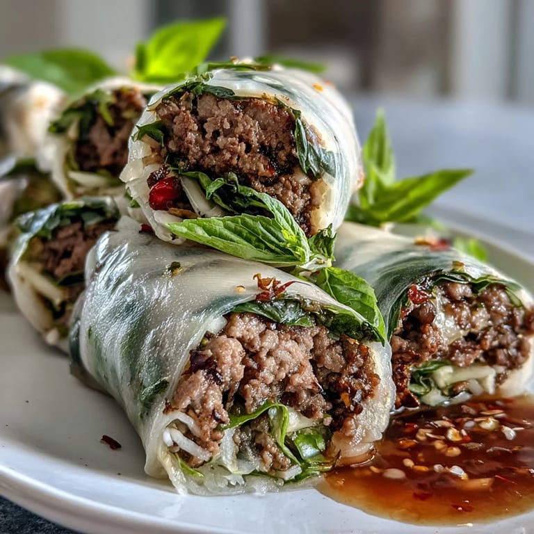 Thai Basil Beef Rolls packed with crunchy carrots, cucumber, and fresh mint, ready for dipping in a spicy sauce.
