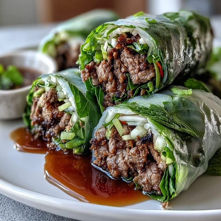 Homemade Thai Basil Beef Rolls with tender ground beef, rice paper wrappers, and fresh Thai basil garnish.
