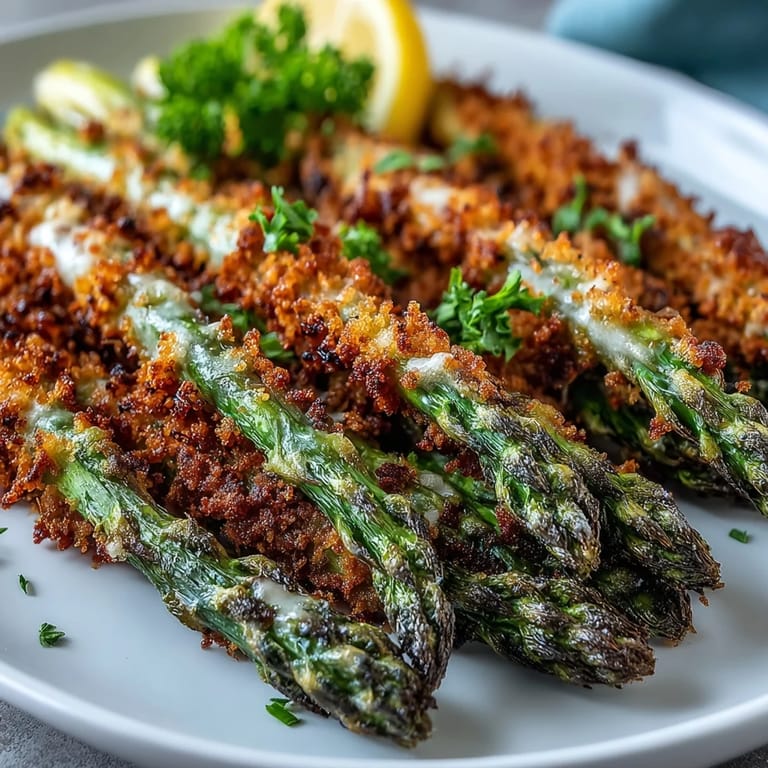 A close-up shows Crispy Asparagus Asiago Spears with a golden, crunchy coating and a sprinkle of fresh parsley.