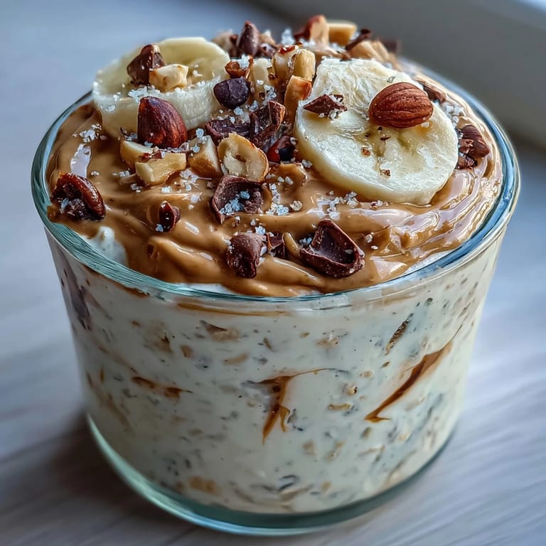 A jar of creamy High-Protein Peanut Butter Overnight Oats drizzled with honey and fresh berries.