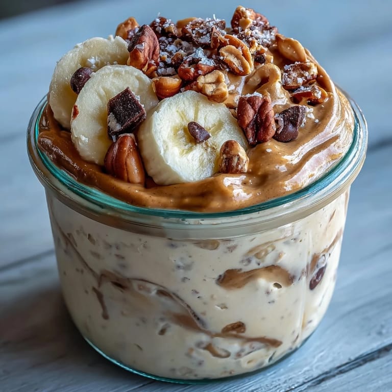 Stirred High-Protein Peanut Butter Overnight Oats showing a rich, velvety texture ready for morning.