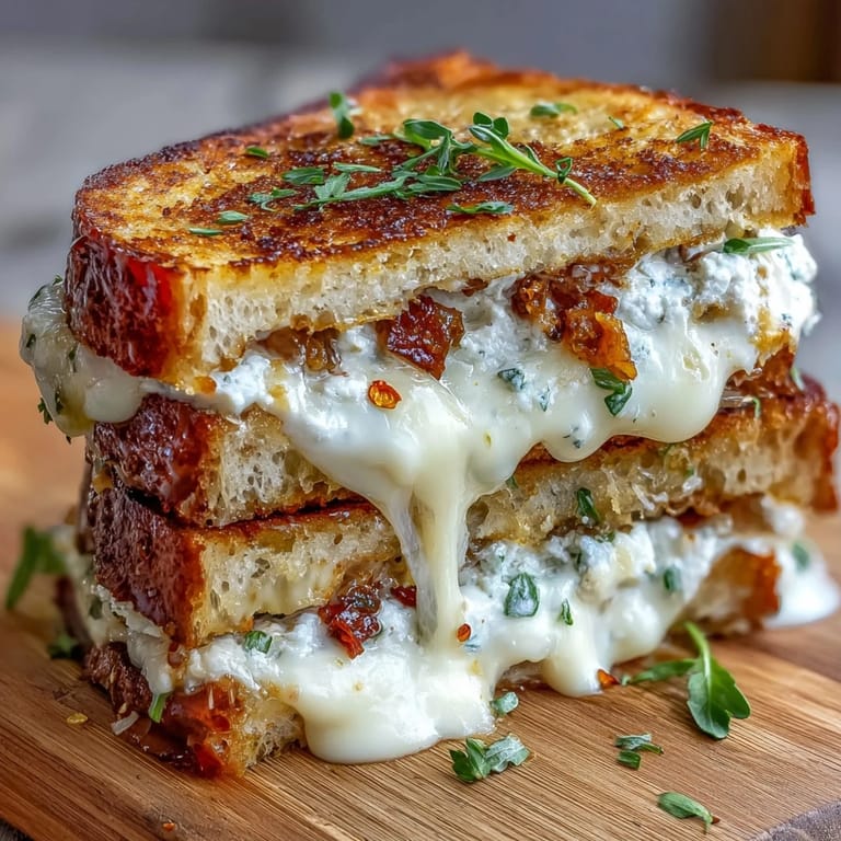 Close-up of Goat Cheese Grilled Cheese with Honey & Chili Flakes, showcasing a crispy crust and warm, melty interior.
