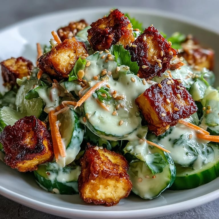 Vibrant bowl of Creamy Asian Cucumber Salad with Crispy Tofu, cucumbers, carrots, and sesame seeds ready to eat.