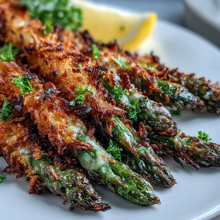 Four servings of Crispy Asparagus Asiago Spears plated with a creamy dip, ready to enjoy as a vegetarian appetizer.