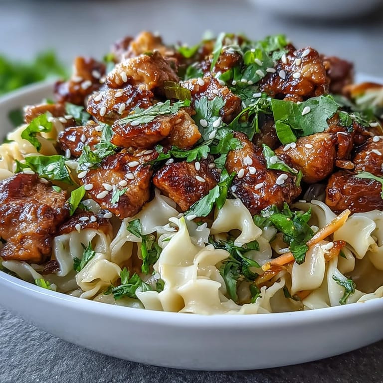 Bright, saucy Potsticker Noodle Bowls topped with crisp vegetables and sesame seeds for an Asian fusion dinner.