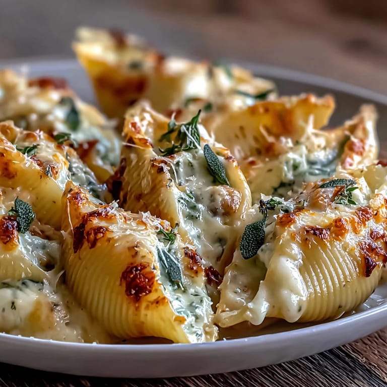 Creamy pumpkin and smoked Gouda filled pasta shells covered in rich brown butter Alfredo sauce.
