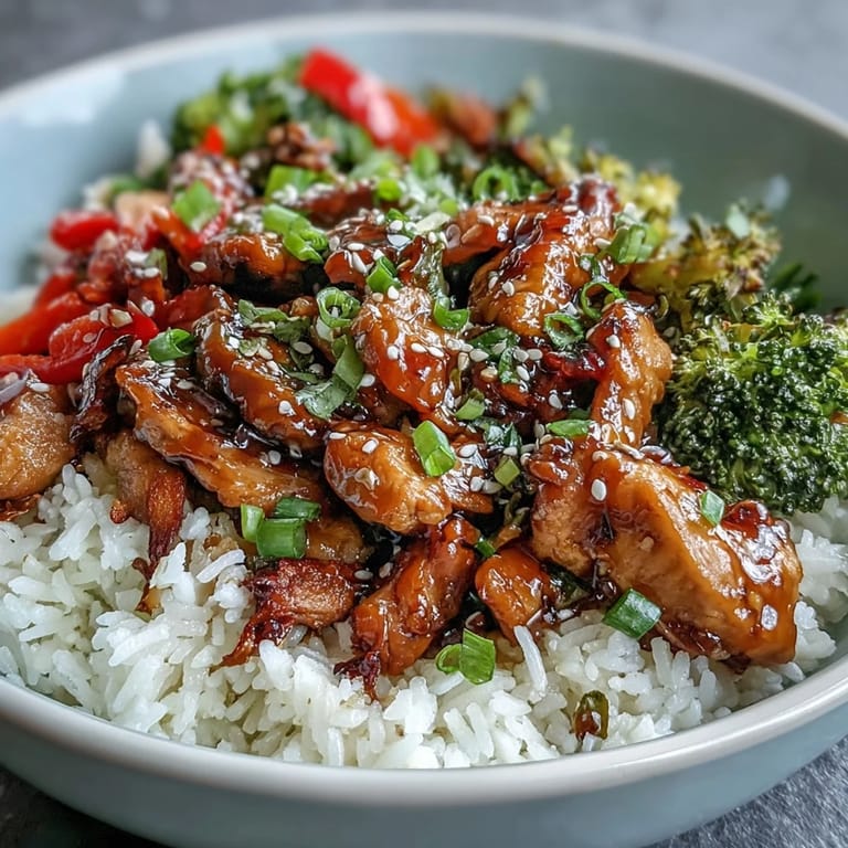 Tender glazed Honey Garlic Chicken Bowl with crisp vegetables and rice, ready to serve for an easy weeknight dinner.
