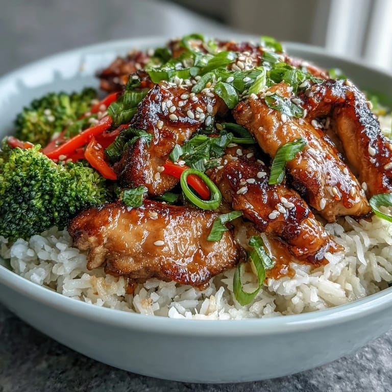 Savory Honey Garlic Chicken Bowl garnished with fresh green onions and sesame seeds, steaming beside a light white wine.