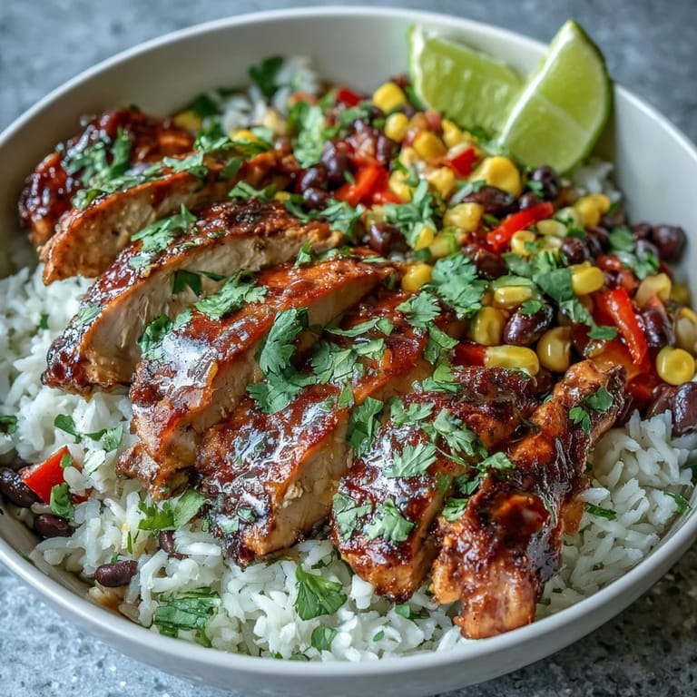 A vibrant Cajun Chicken Bowl is garnished with creamy avocado slices and lime wedges, ready for a zesty drizzle over the colorful Tex-Mex style ingredients.