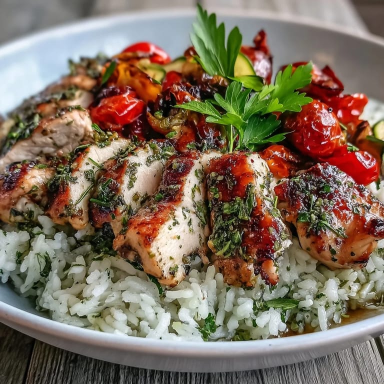 A close-up of lemon herb roasted chicken bowl with roasted zucchini, bell peppers, and onion alongside tender grains.