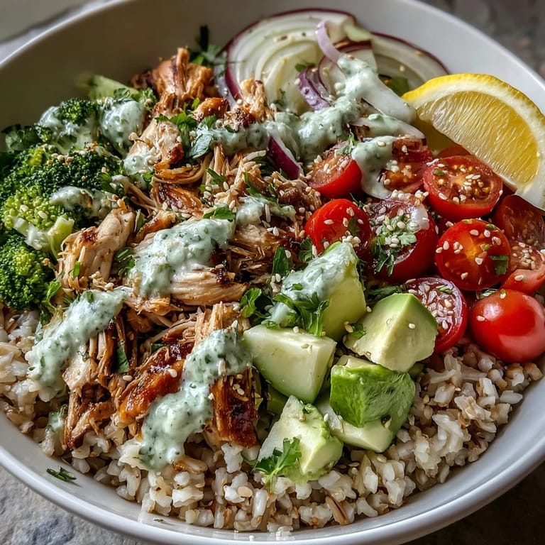 Hearty Rotisserie Chicken Bowl featuring tender shredded chicken, colorful steamed broccoli, and juicy cherry tomatoes, garnished with sesame seeds.