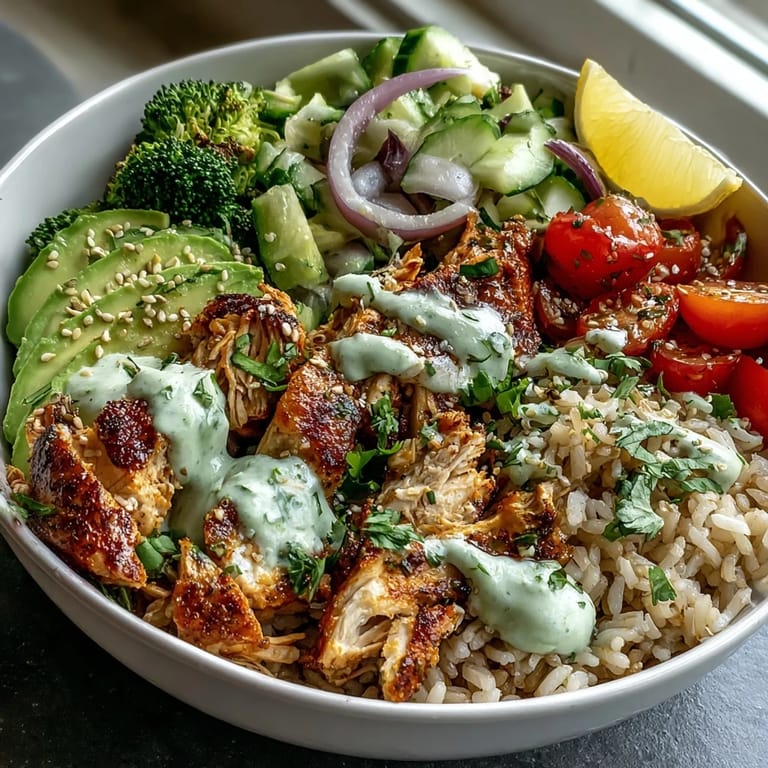 Healthy Rotisserie Chicken Bowl served over brown rice with fresh red onion and avocado slices, ready for a quick dinner.