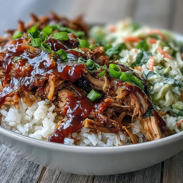 This hearty Pulled Pork Bowl features tender meat and tangy coleslaw piled high on brown rice, perfect for a family dinner.