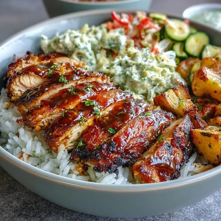Served BBQ Chicken Bowl garnished with fresh herbs, featuring tender chicken, golden rice, and crunchy rainbow coleslaw ready to eat.