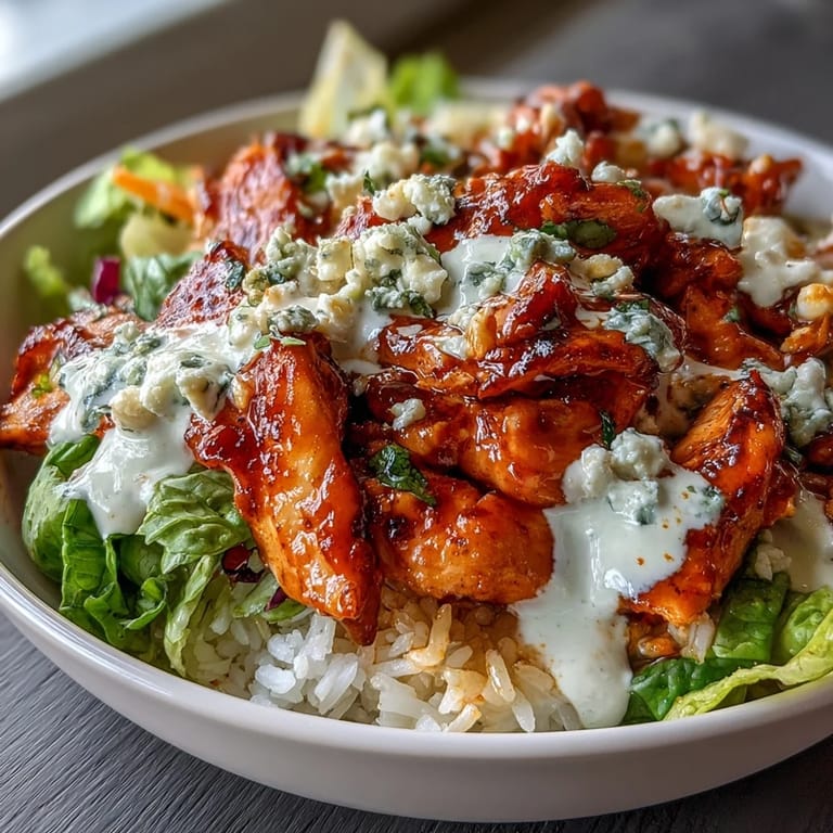 Vibrant buffalo chicken bowl featuring juicy buffalo chicken over fluffy rice, fresh vegetables, and drizzled with zesty ranch dressing.