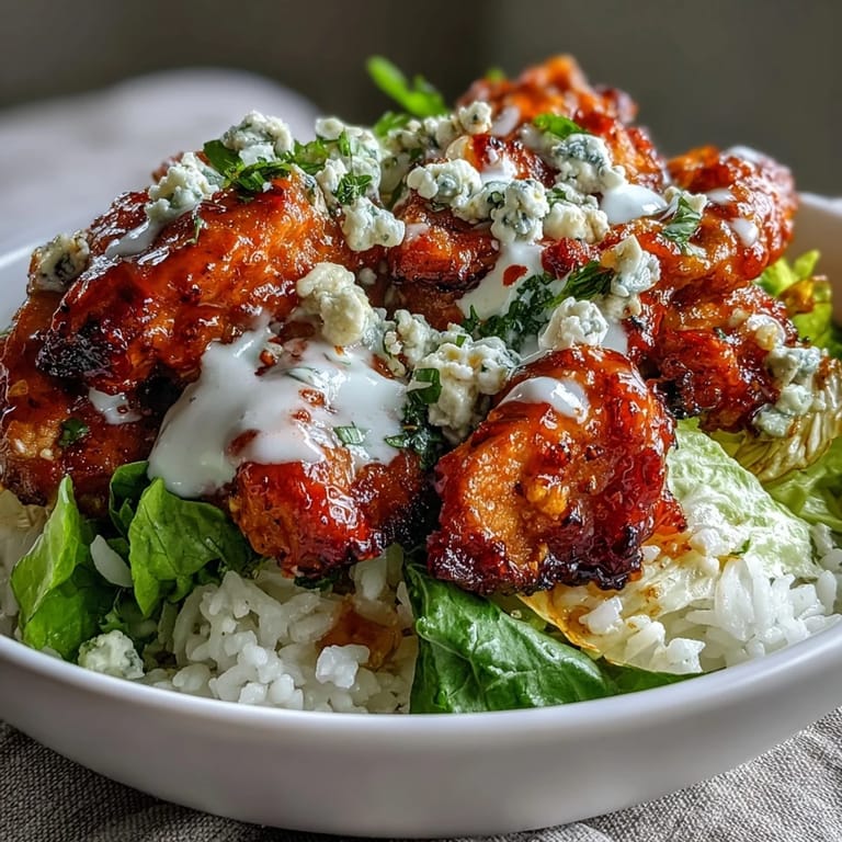 Flavorful buffalo chicken bowl served with crisp lettuce, cherry tomatoes, shredded carrots, and rich blue cheese crumbles for a hearty meal.