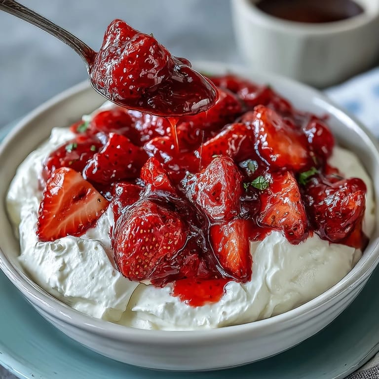 Creamy Greek yogurt topped with vibrant strawberry compote, garnished with a mint sprig for freshness.  