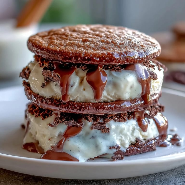 Decadent vanilla bean frappuccino ice cream sandwiches feature soft chocolate-espresso cookies with a creamy frozen center.