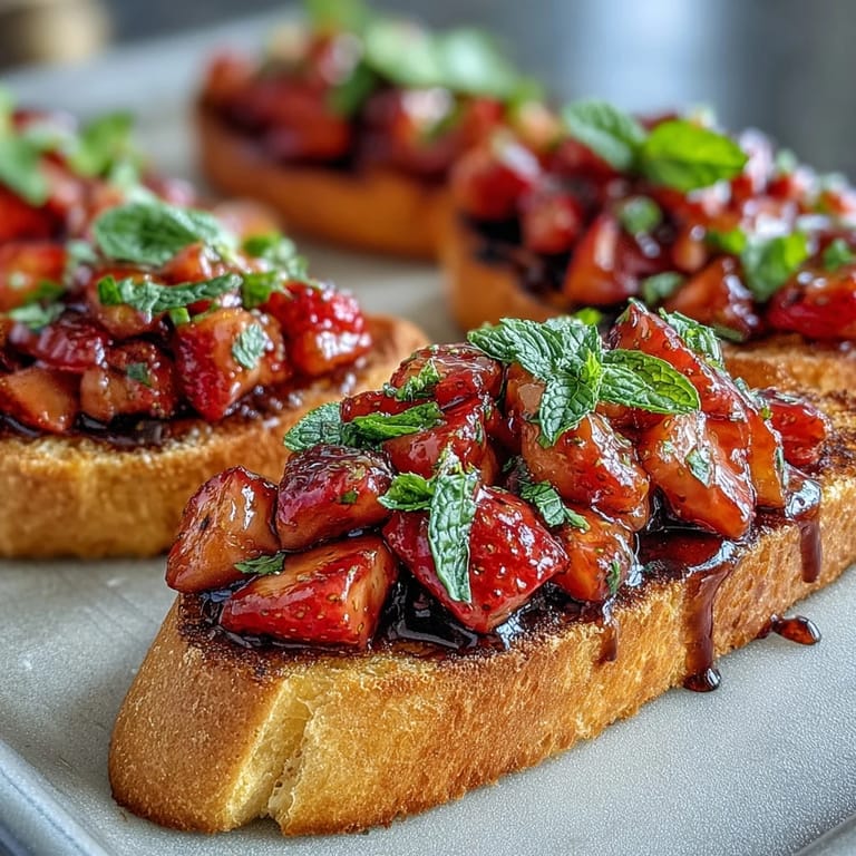 Golden toasted baguette slices topped with sweet strawberries, fresh mint, and tangy balsamic reduction for a vibrant appetizer.  