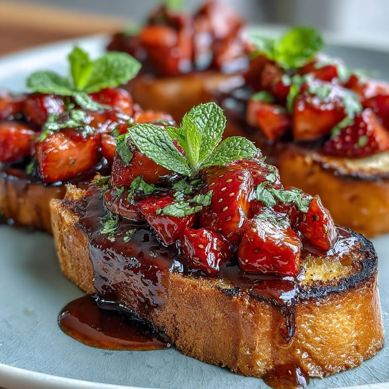 Juicy strawberries, fragrant mint, and balsamic drizzle on crisp baguette make this easy bruschetta a crowd-pleasing starter.