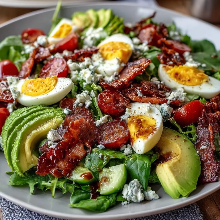 Fresh Spring Cobb Salad with Strawberries and Avocado, featuring colorful rows of vegetables, ripe berries, and hard-boiled eggs, drizzled with balsamic vinaigrette.