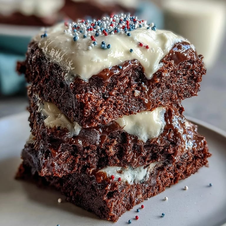 Fudgy brownie bites topped with smooth vanilla frosting and colorful red, white, and blue sprinkles for Independence Day.