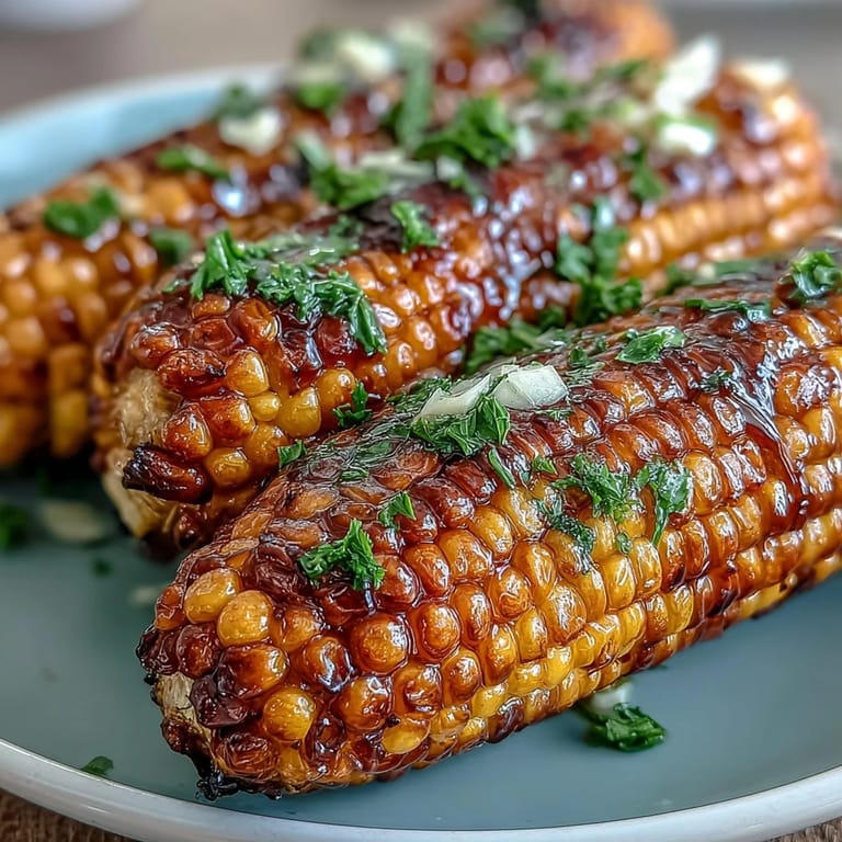 Microwave-cooked sweet corn on the cob, coated in melted garlic butter and served with lemon wedges for a bright, buttery flavor.