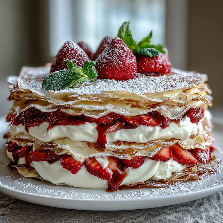 Strawberry crepe cake with thin French crepes, sweet cream, and juicy berries for a stunning Mothers Day centerpiece.