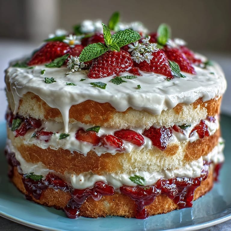 Elegant naked cake featuring tender sponge, luscious cream, and vibrant strawberries.