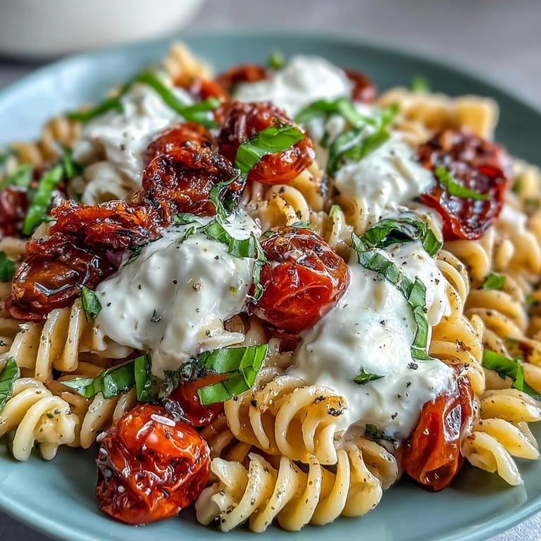 Silky burrata melts over al dente pasta with juicy tomatoes and aromatic basil leaves.